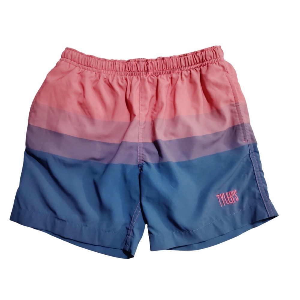 Tylers Youth Medium Swim Trunks Pink Purple Blue Striped Board Shorts Texas Logo
